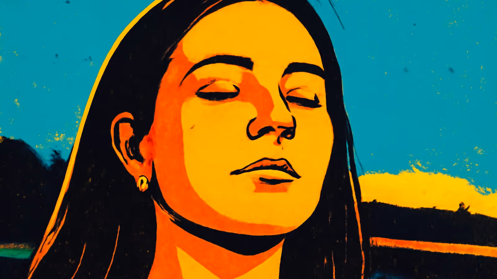 A close-up of a woman with her eyes closed and her face tilted upward, rendered as a flat orange, yellow and teal illustration.