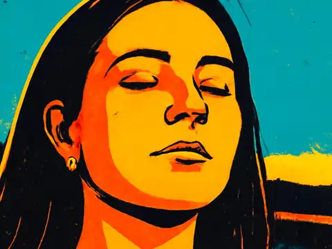 A close-up of a woman with her eyes closed and her face tilted upward, rendered as a flat orange, yellow and teal illustration.