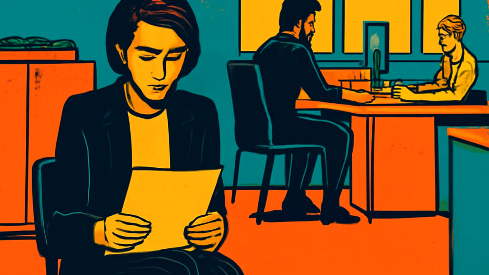 Pop-art illustration of a person in a dark jacket sitting in a chair reading a sheet of paper, with two other people working at a table behind them.