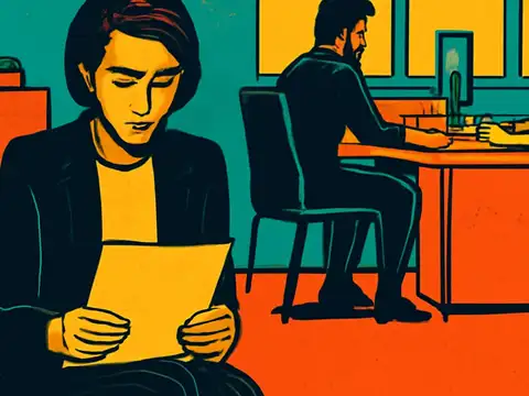 Pop-art illustration of a person in a dark jacket sitting in a chair reading a sheet of paper, with two other people working at a table behind them.