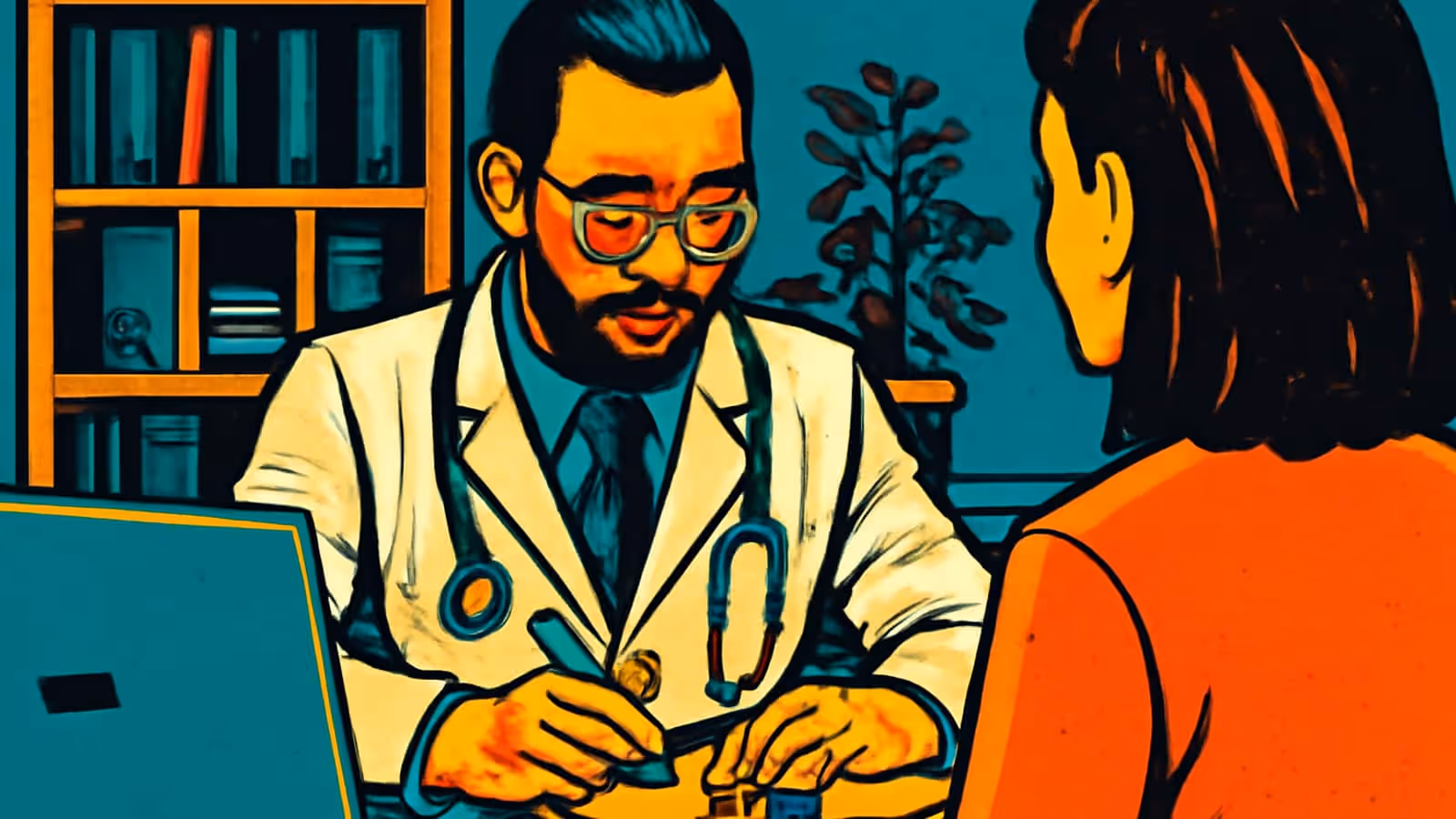 Pop-art illustration of a woman in conversation with a doctor across a desk.