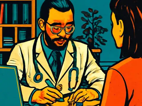Pop-art illustration of a woman in conversation with a doctor across a desk.