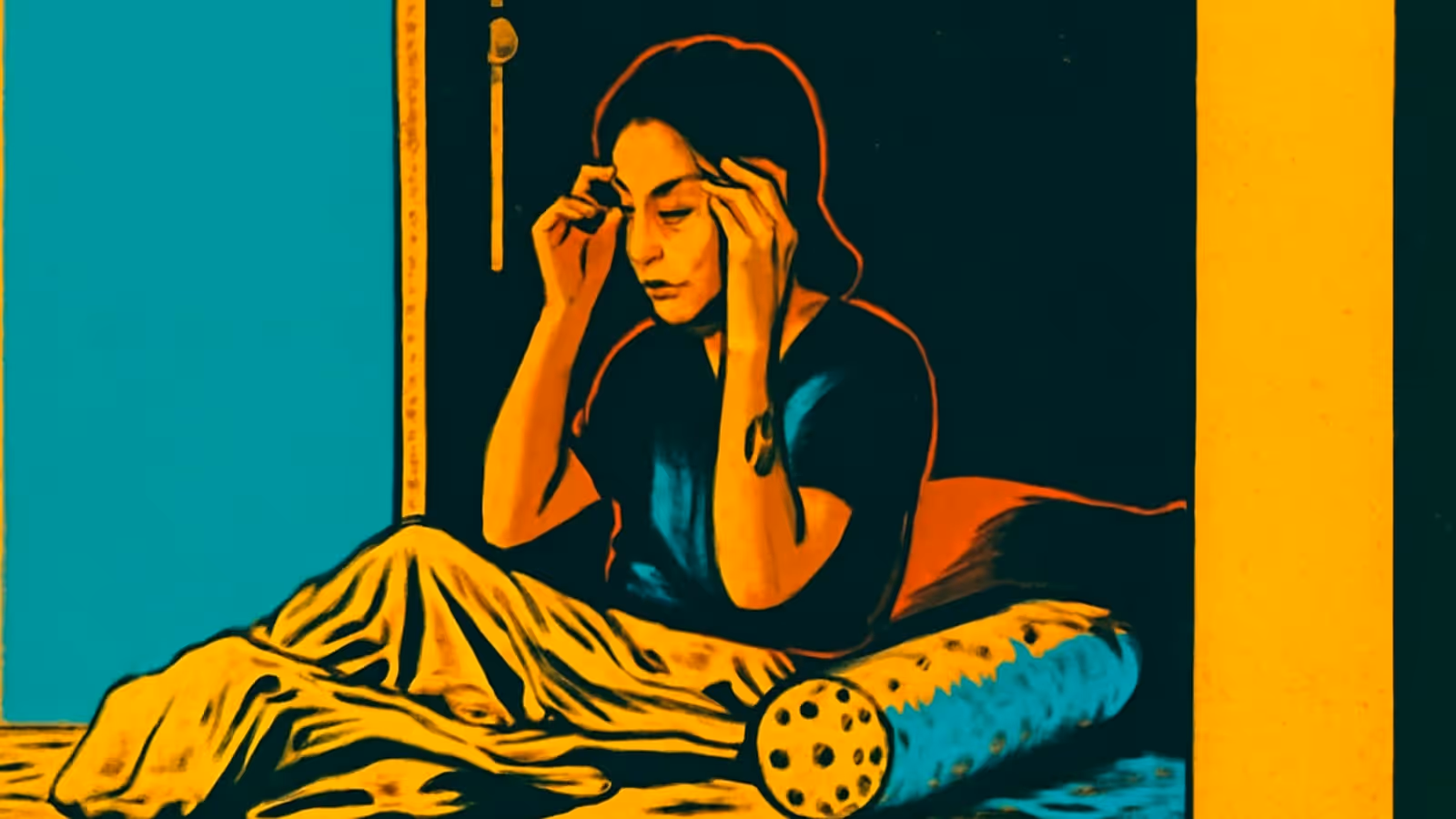 A woman sits up on a bed in a dark room with both hands pressed to her temples and her eyes closed, a rumpled yellow sheet across her lap, rendered as a flat teal, yellow and orange illustration.