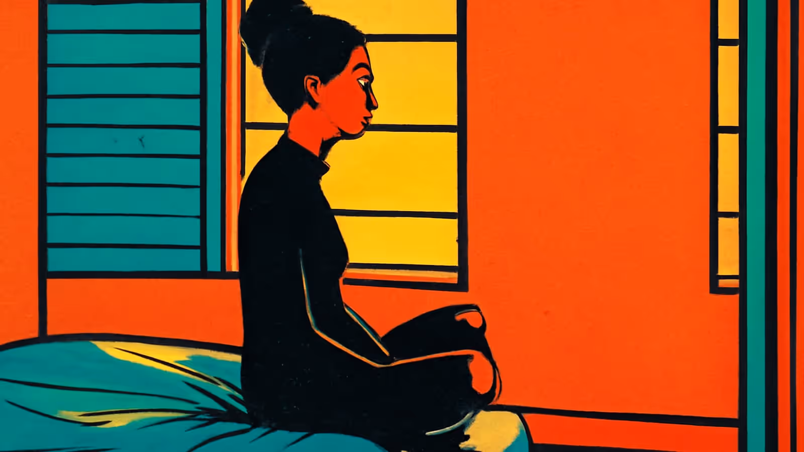 Pop-art illustration of a person sitting upright on the edge of a bed in profile, awake, with a window behind them.