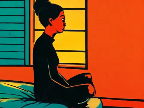 Pop-art illustration of a person sitting upright on the edge of a bed in profile, awake, with a window behind them.