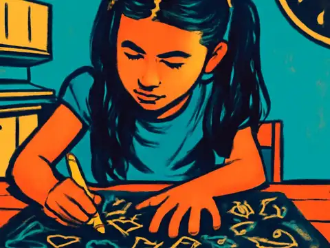 Pop-art illustration of a girl with long dark hair in a blue top, head bowed over a dark sheet of paper, drawing with a yellow crayon at an orange table against a teal wall.