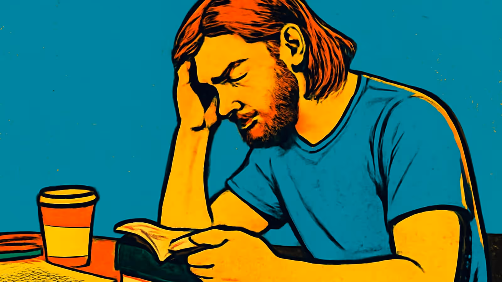 Pop-art illustration of a bearded man at a table resting his head on one hand, looking down at an open book beside a paper cup.