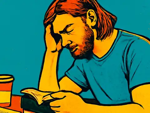 Pop-art illustration of a bearded man at a table resting his head on one hand, looking down at an open book beside a paper cup.