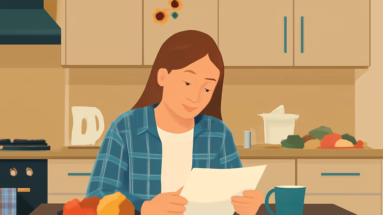 Flache Vektorillustration einer Frau mit langen braunen Haaren in einem blauen karierten Hemd, die auf ein Blatt Papier schaut, das sie in einer Küche hält, mit einer Tasse und Obst auf dem Tisch vor ihr.