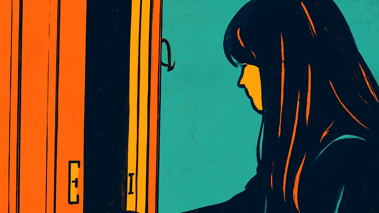 Pop-Art-Illustration einer Frau, die mit ihrer Hand einen Türgriff überprüft.