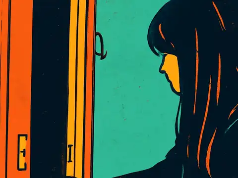 Pop-art illustration of a woman with her hand on a door handle, checking it.