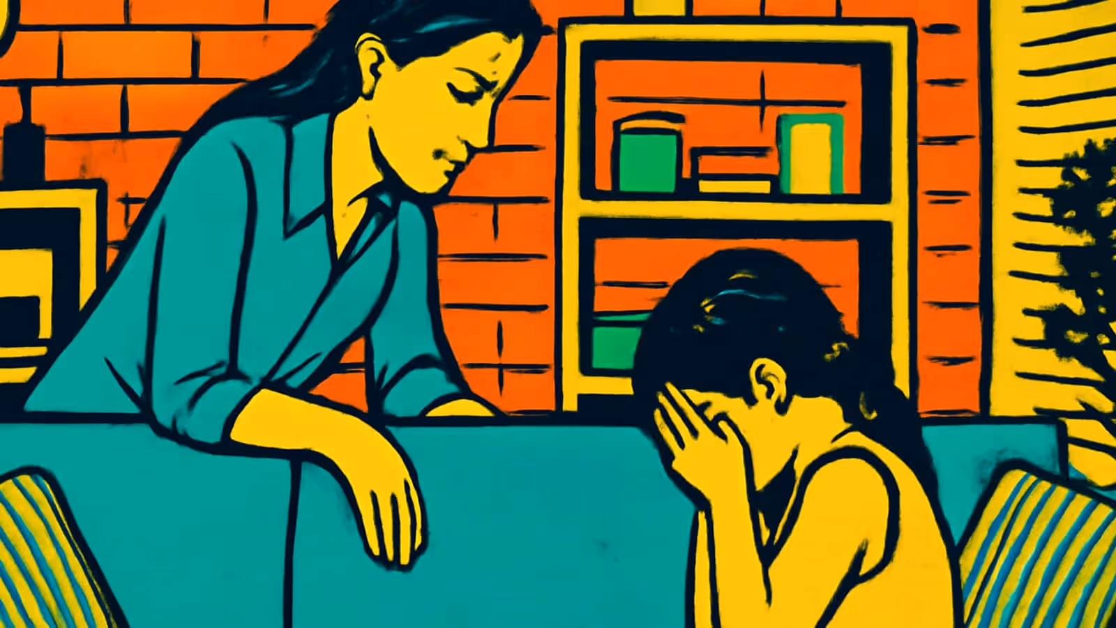An adult leaning over the back of a sofa towards a child sitting with their face in their hands, a bookshelf and brick wall behind them, rendered as a flat teal, orange and yellow illustration.