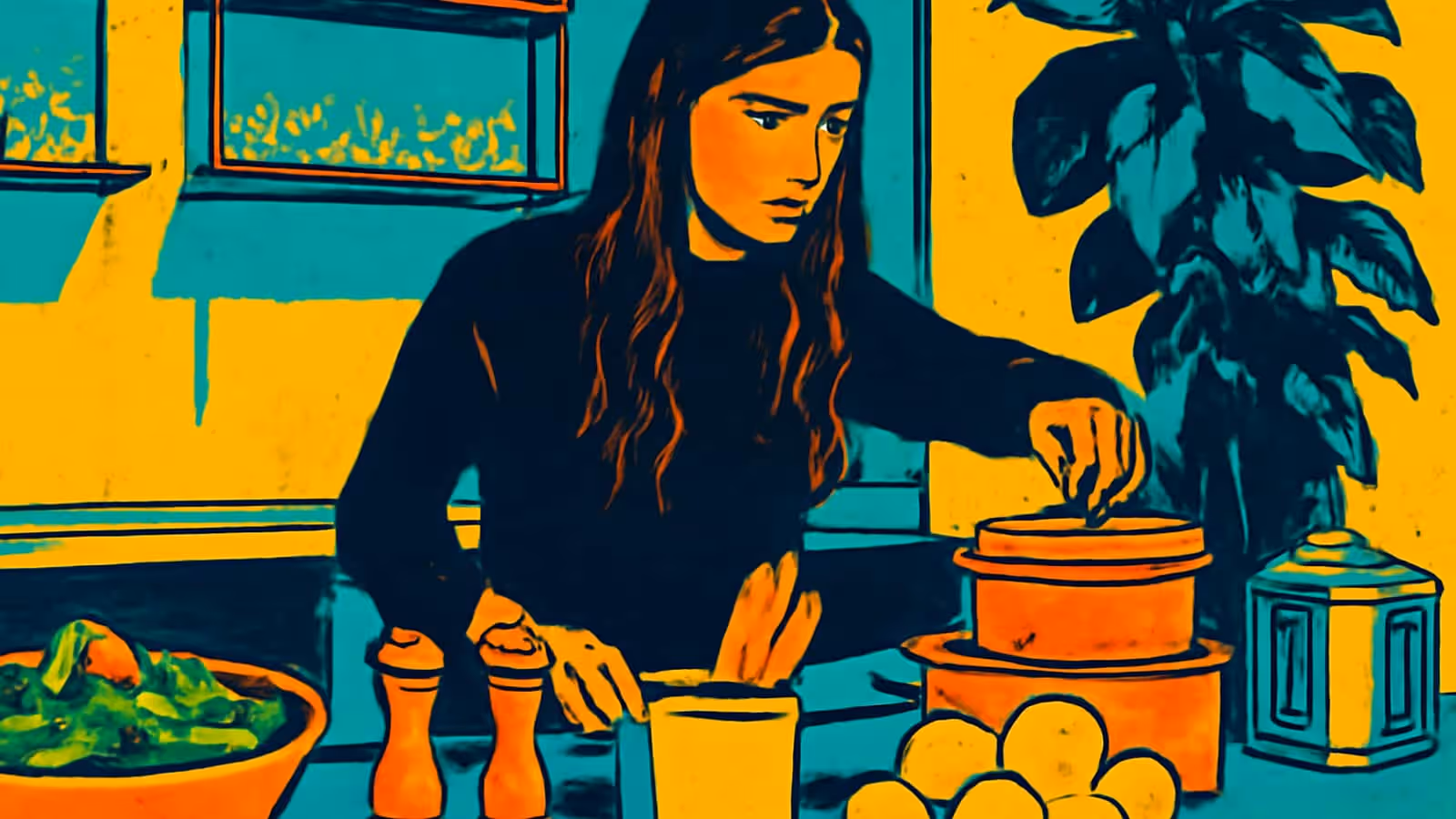 Pop-art illustration of a person preparing food at a kitchen counter, looking down at it with a flat expression.