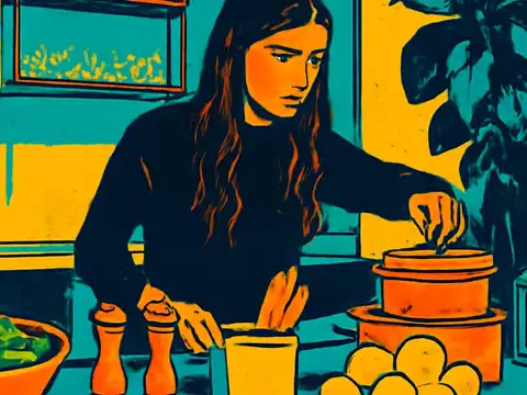 Pop-art illustration of a person preparing food at a kitchen counter, looking down at it with a flat expression.