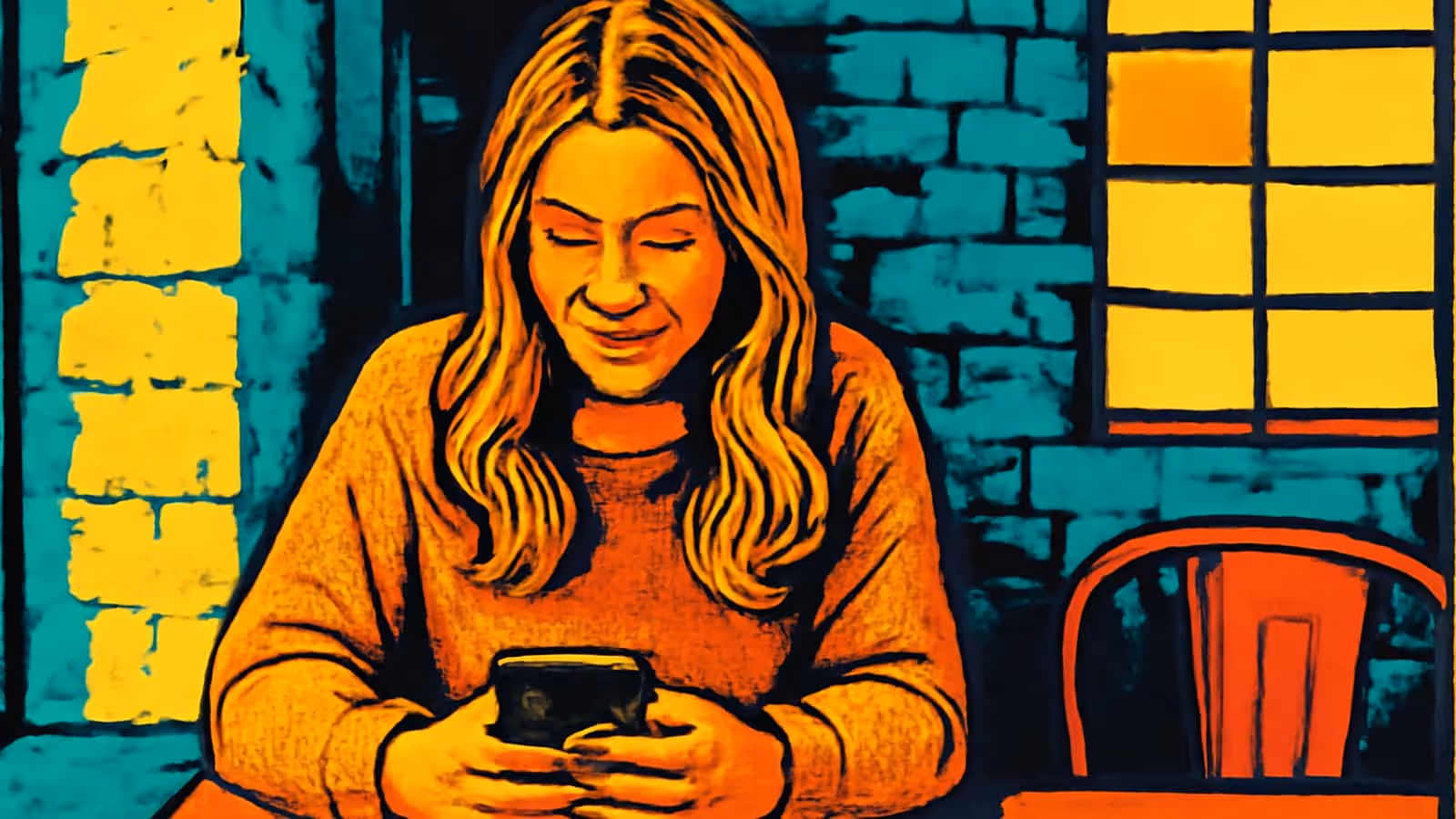 A woman sitting at a table beside a window, looking down at a phone held in both hands, rendered as a flat orange and teal illustration.
