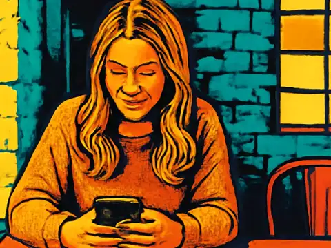A woman sitting at a table beside a window, looking down at a phone held in both hands, rendered as a flat orange and teal illustration.