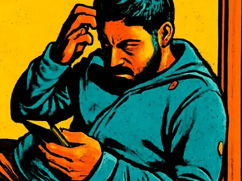 A bearded man in a hooded top sitting with one hand raised to his head, looking down at a phone held in his other hand, rendered as a flat orange and teal illustration.