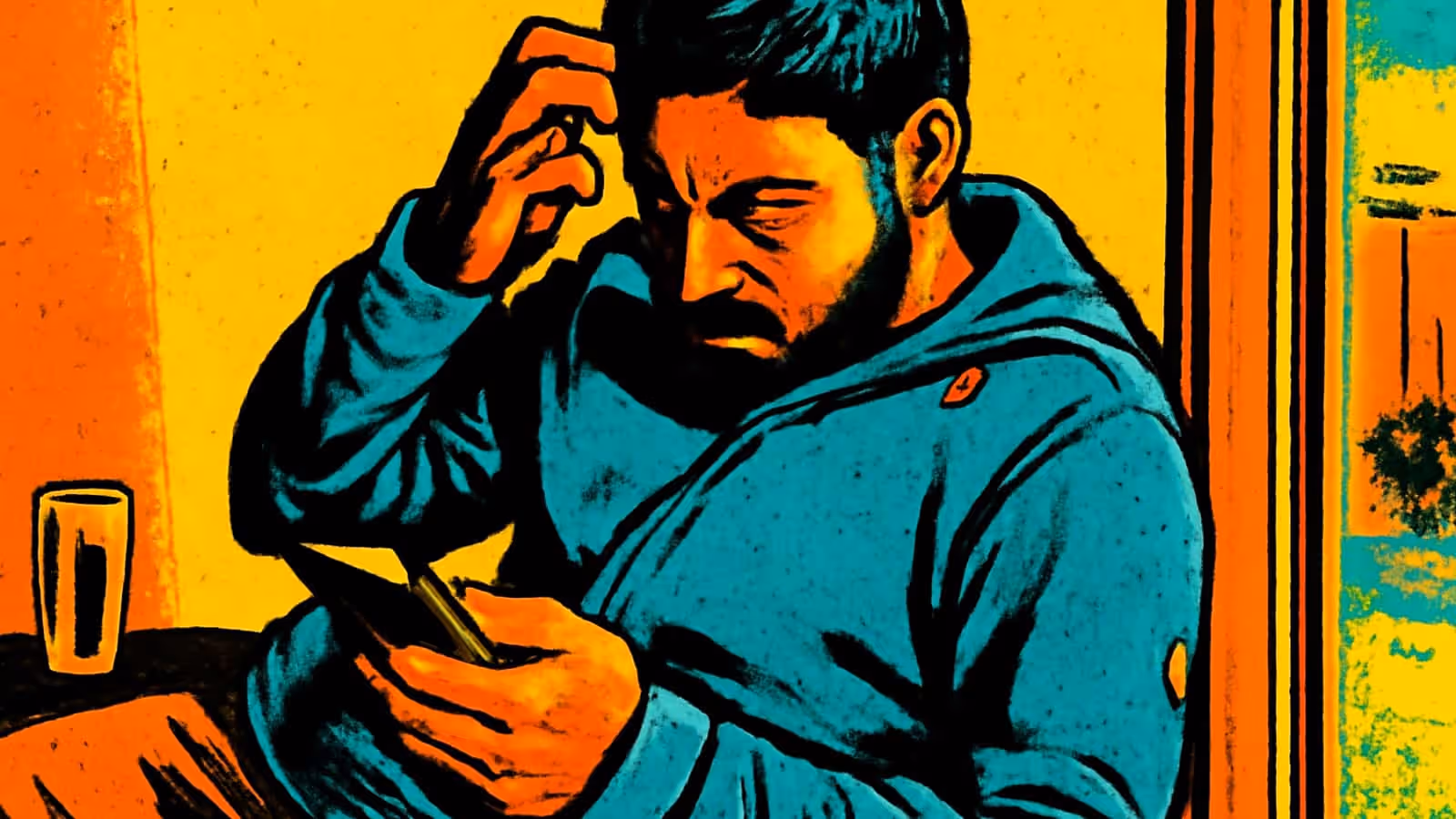 A bearded man in a hooded top sitting with one hand raised to his head, looking down at a phone held in his other hand, rendered as a flat orange and teal illustration.