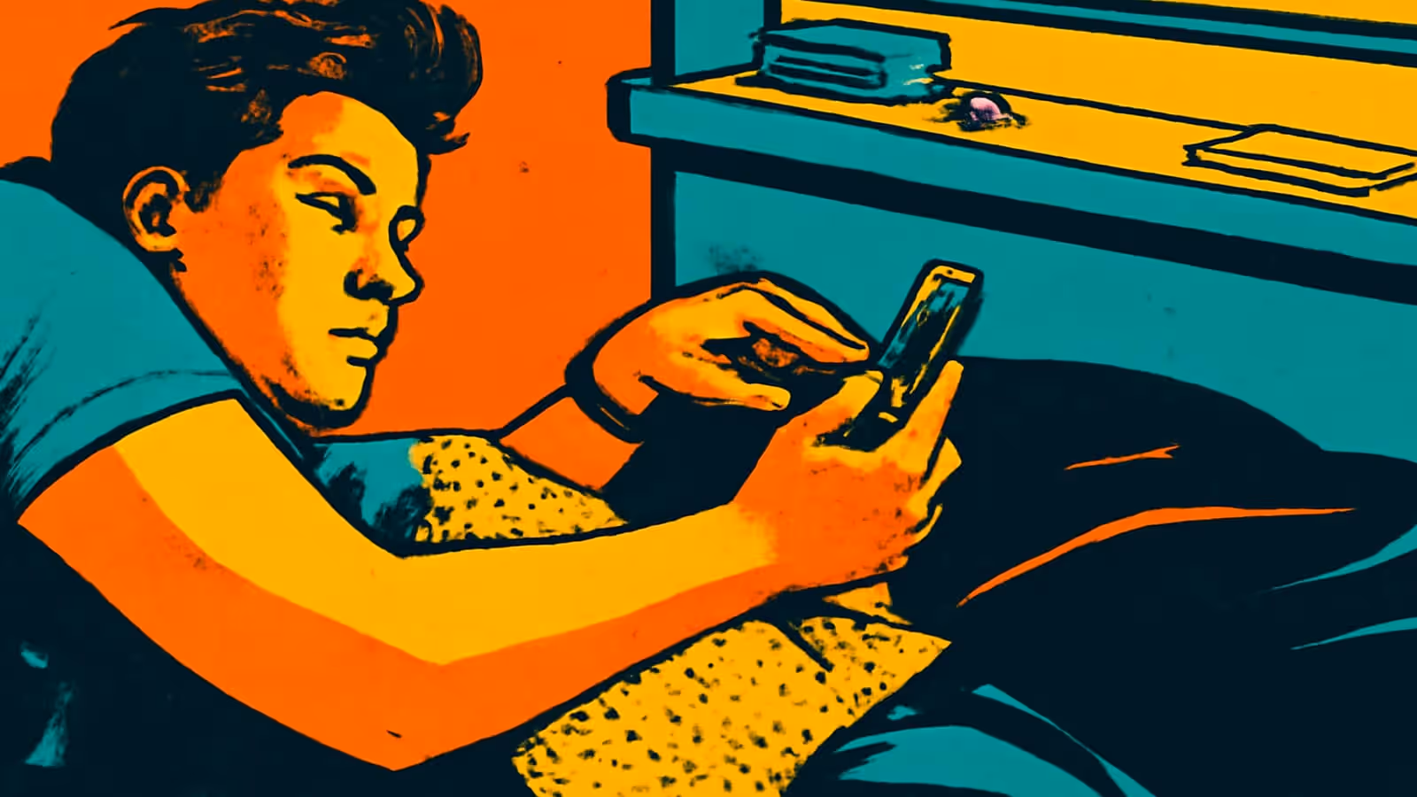 Pop-art illustration of a person lying in bed holding a phone in both hands, a bedside shelf with books behind them.