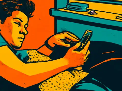 Pop-art illustration of a person lying in bed holding a phone in both hands, a bedside shelf with books behind them.