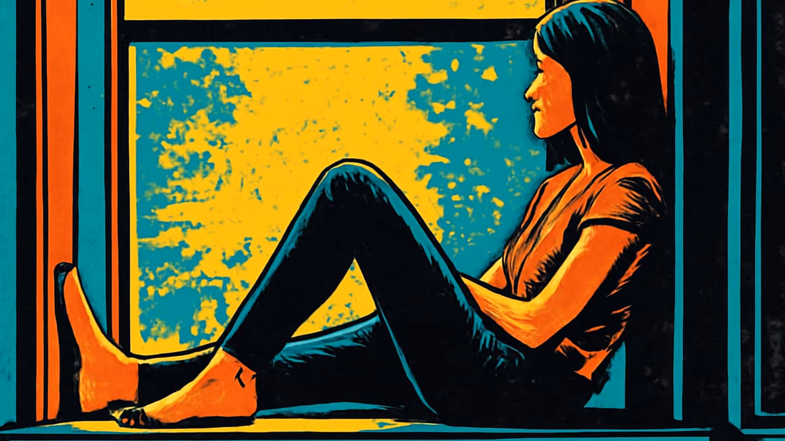 Pop-art illustration of a person sitting on a window sill with knees drawn up, seen in profile against a sky of yellow and teal.