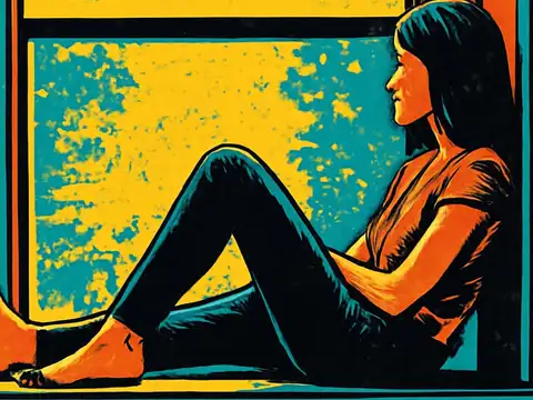 Pop-art illustration of a person sitting on a window sill with knees drawn up, seen in profile against a sky of yellow and teal.