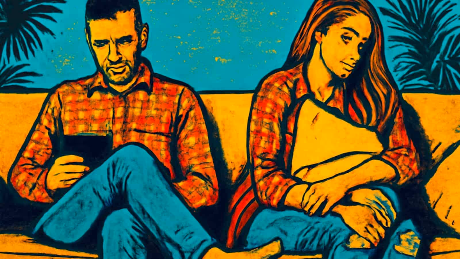 Pop-art illustration of two people in checked shirts sitting on a sofa turned away from each other, one holding a phone, the other hugging a cushion.