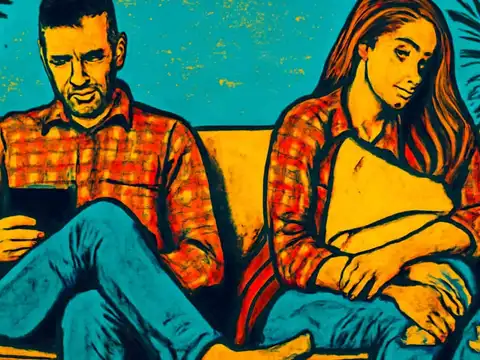 Pop-art illustration of two people in checked shirts sitting on a sofa turned away from each other, one holding a phone, the other hugging a cushion.