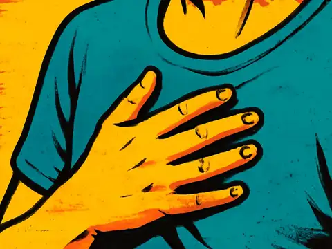 Pop-art illustration of a hand pressed flat against the chest over a teal t-shirt, cropped close so only the torso and arm are visible.