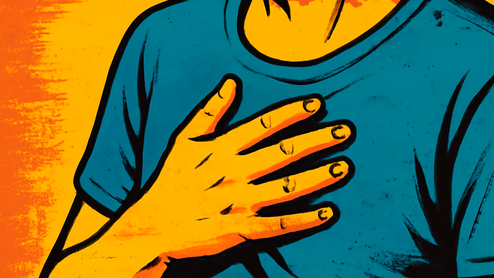 Pop-art illustration of a hand pressed flat against the chest over a teal t-shirt, cropped close so only the torso and arm are visible.