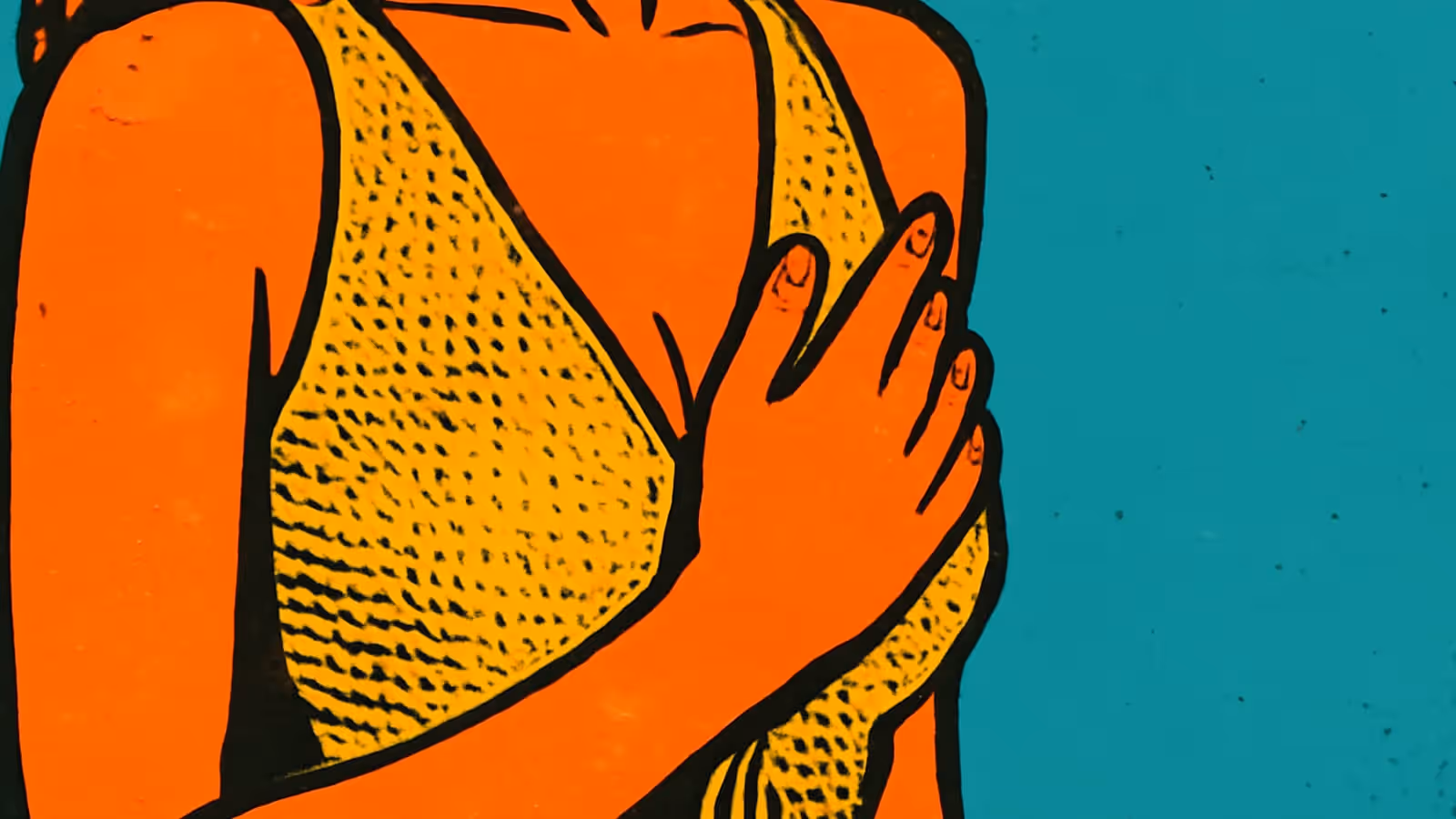 Pop-art illustration of a hand resting flat on the upper chest, seen close up.