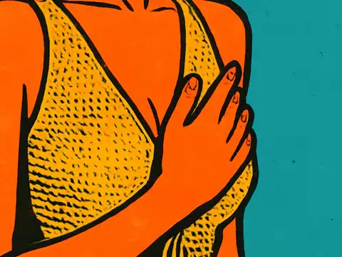 Pop-art illustration of a hand resting flat on the upper chest, seen close up.
