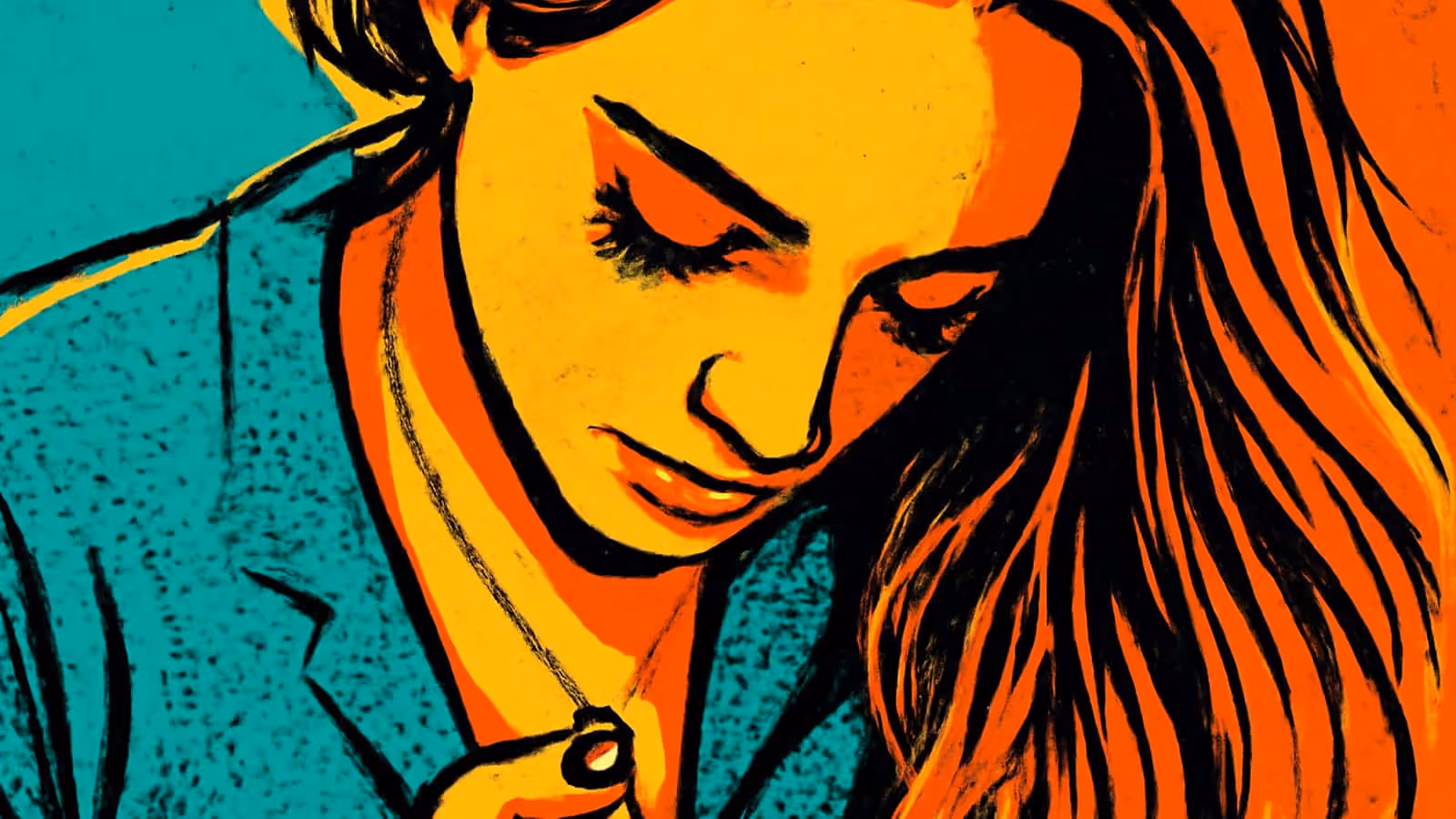 Pop-Art-Illustration einer Frau, die nach unten schaut, während sie einen Anhänger einer Halskette hält, in Orange und Türkis.