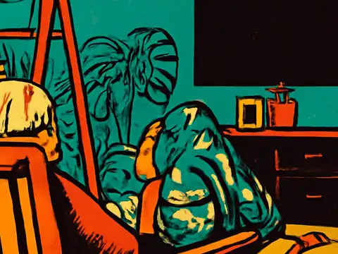 A person with light hair seen from behind sitting in an armchair facing a switched-off television, with a houseplant and a sideboard in the room, rendered as a flat orange and teal illustration.
