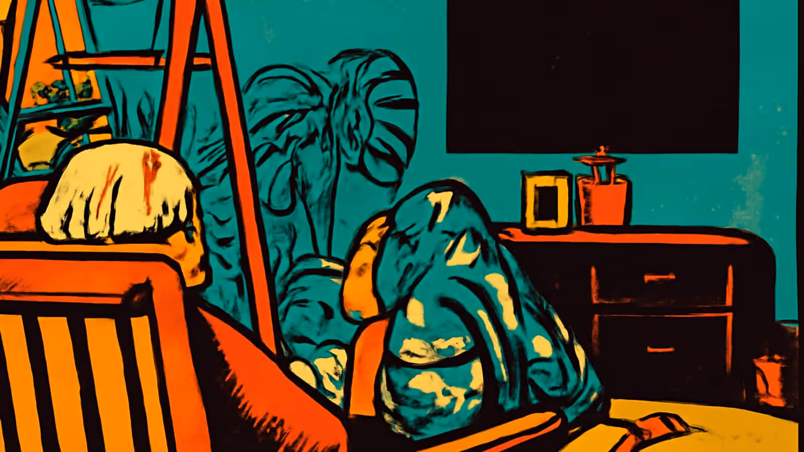 A person with light hair seen from behind sitting in an armchair facing a switched-off television, with a houseplant and a sideboard in the room, rendered as a flat orange and teal illustration.