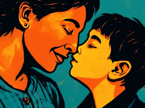 An adult and a child leaning in with their faces almost touching and their eyes closed, both smiling, rendered as a flat orange, yellow and teal illustration.