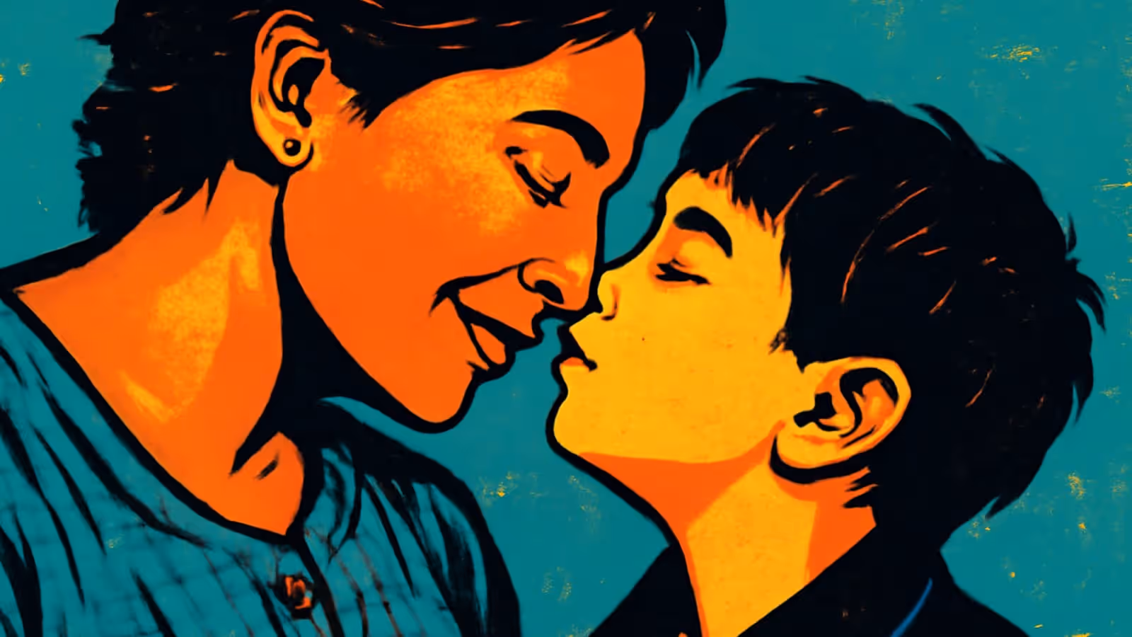 An adult and a child leaning in with their faces almost touching and their eyes closed, both smiling, rendered as a flat orange, yellow and teal illustration.