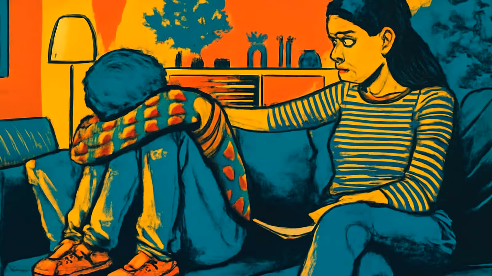 Pop-art illustration of a child curled up on a sofa with their head lowered, and an adult beside them reaching a hand towards their shoulder.