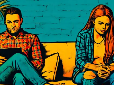 Pop-art illustration of two people sitting at opposite ends of a sofa, one looking down at a tablet, the other looking away with their hands in their lap.