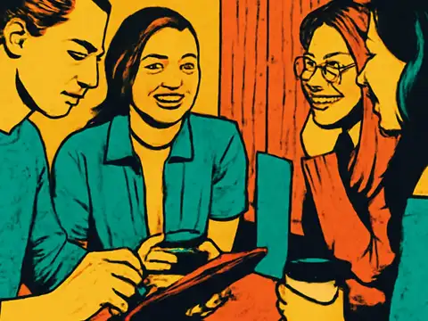 Pop-art illustration of four people around a cafe table, one smiling toward the group while another looks down.