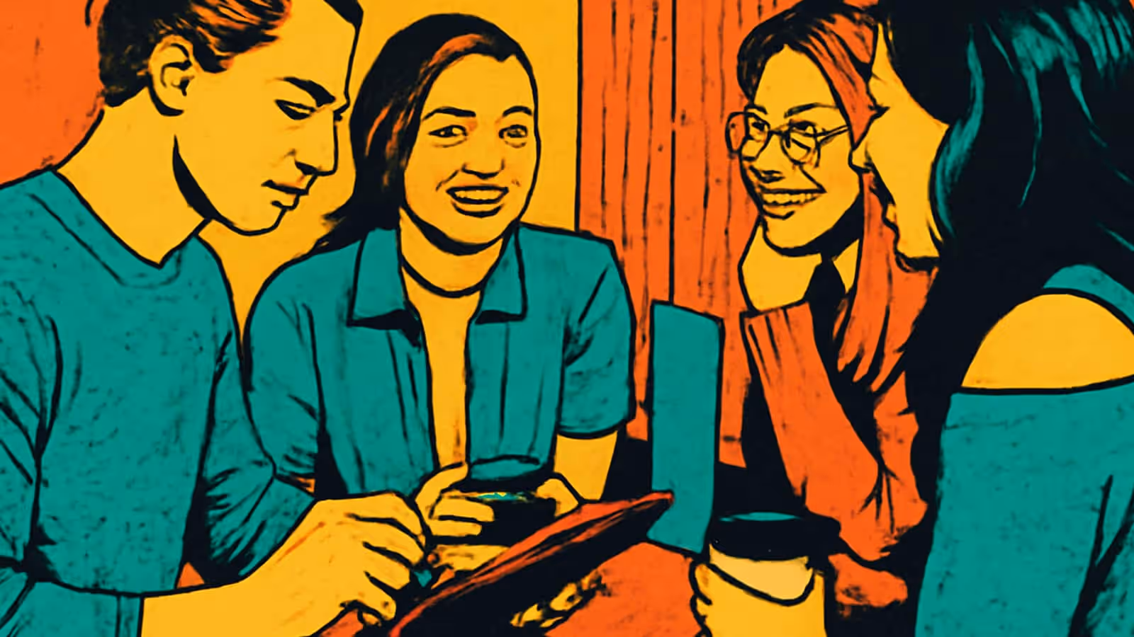 Pop-art illustration of four people around a cafe table, one smiling toward the group while another looks down.