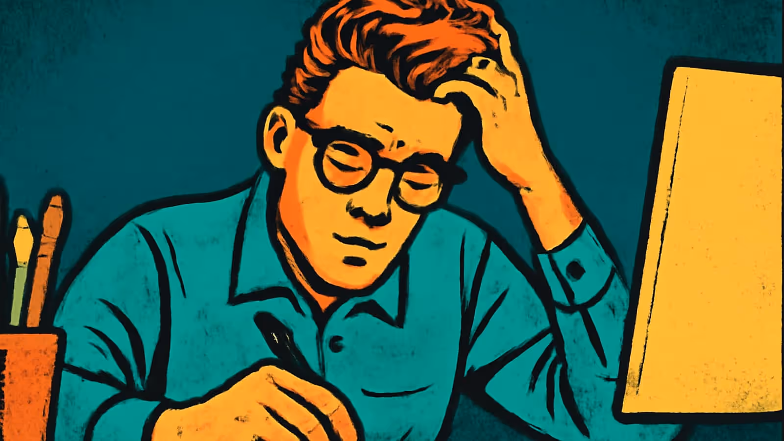 Flat pop-art illustration in teal and orange. A person in glasses and a collared shirt sits at a desk with a pen in one hand and their head propped on the other, looking down, a screen and a pot of pencils beside them.