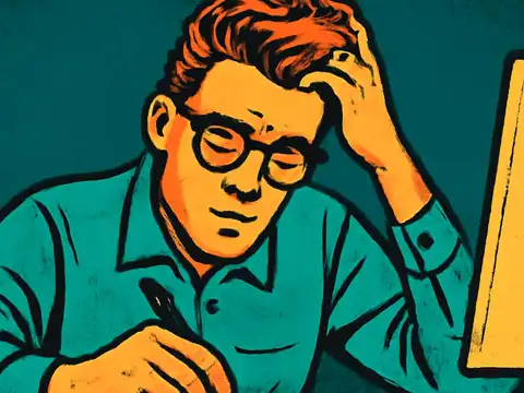Flat pop-art illustration in teal and orange. A person in glasses and a collared shirt sits at a desk with a pen in one hand and their head propped on the other, looking down, a screen and a pot of pencils beside them.