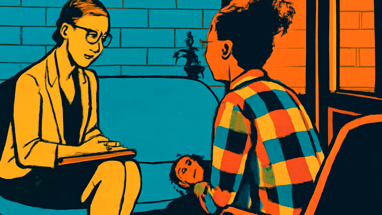 Flat pop-art illustration in teal, orange and yellow. Two people sit facing each other in a room with a brick wall behind. One wears glasses and a pale jacket and holds a notepad on their lap; the other is seen from behind in a checked shirt.