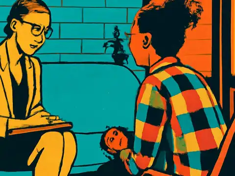 Flat pop-art illustration in teal, orange and yellow. Two people sit facing each other in a room with a brick wall behind. One wears glasses and a pale jacket and holds a notepad on their lap; the other is seen from behind in a checked shirt.