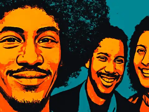 Pop-art illustration of three people standing close together outdoors, two of them smiling towards the viewer.