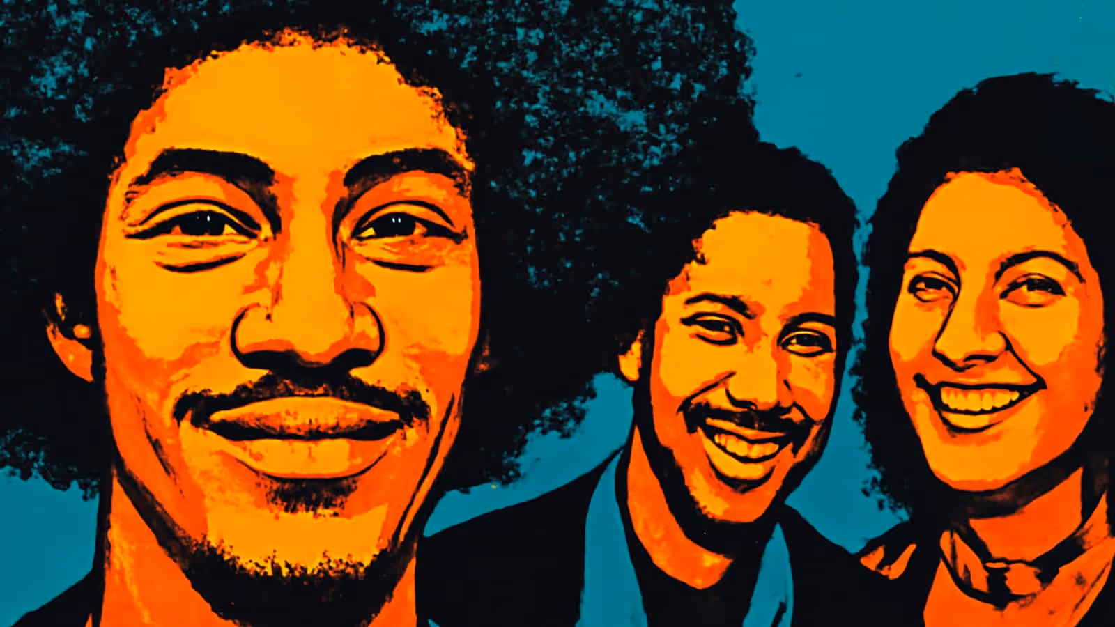Pop-art illustration of three people standing close together outdoors, two of them smiling towards the viewer.