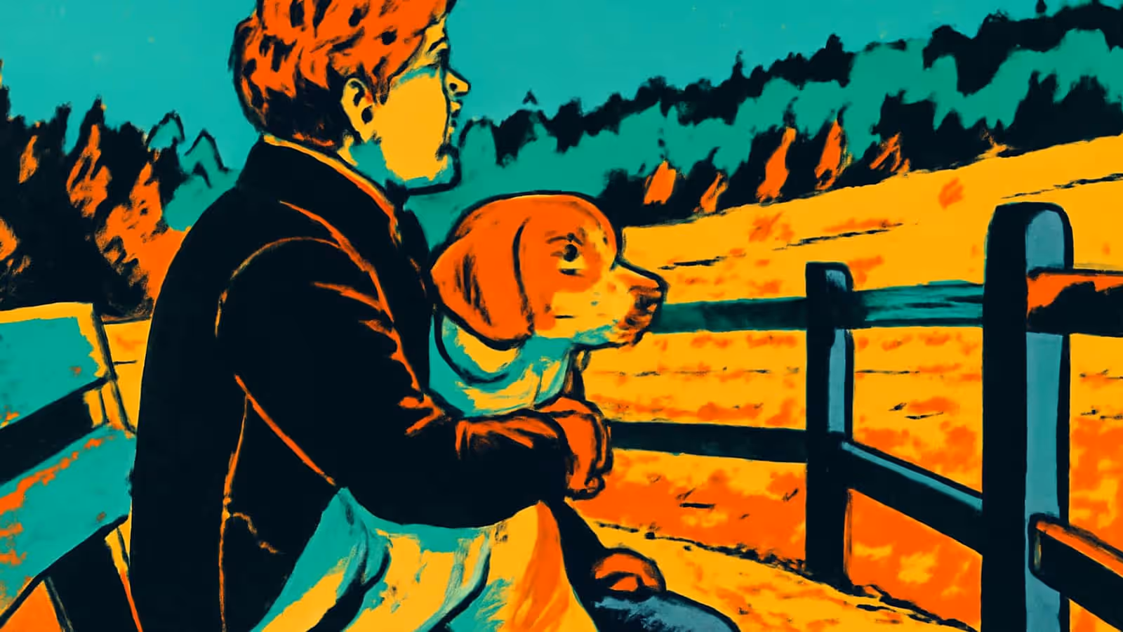 A person in a dark coat sits on a bench outdoors holding a small dog against their chest, both looking out across a field towards a wooden fence and dark trees, rendered as a flat orange, teal and yellow illustration.