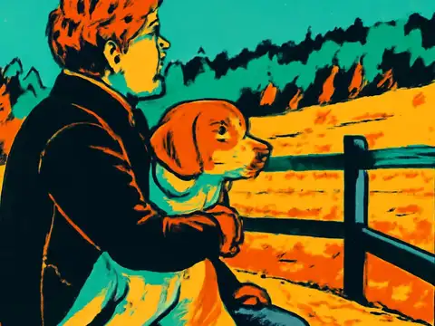 A person in a dark coat sits on a bench outdoors holding a small dog against their chest, both looking out across a field towards a wooden fence and dark trees, rendered as a flat orange, teal and yellow illustration.