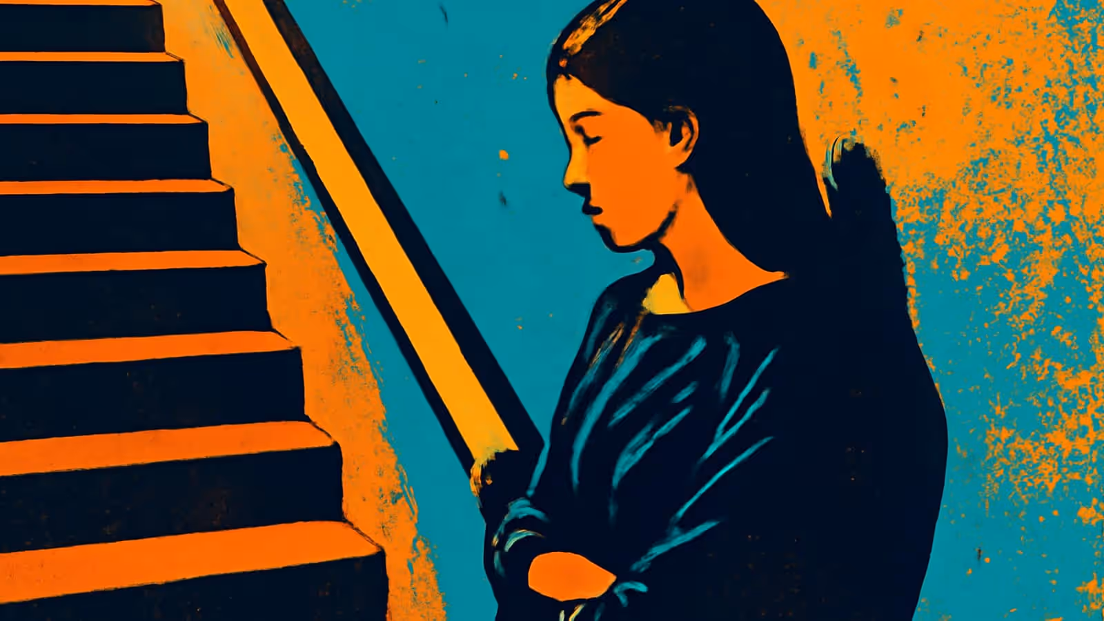 Pop-art illustration of a woman standing with folded arms beside a stairwell, looking down at the steps.